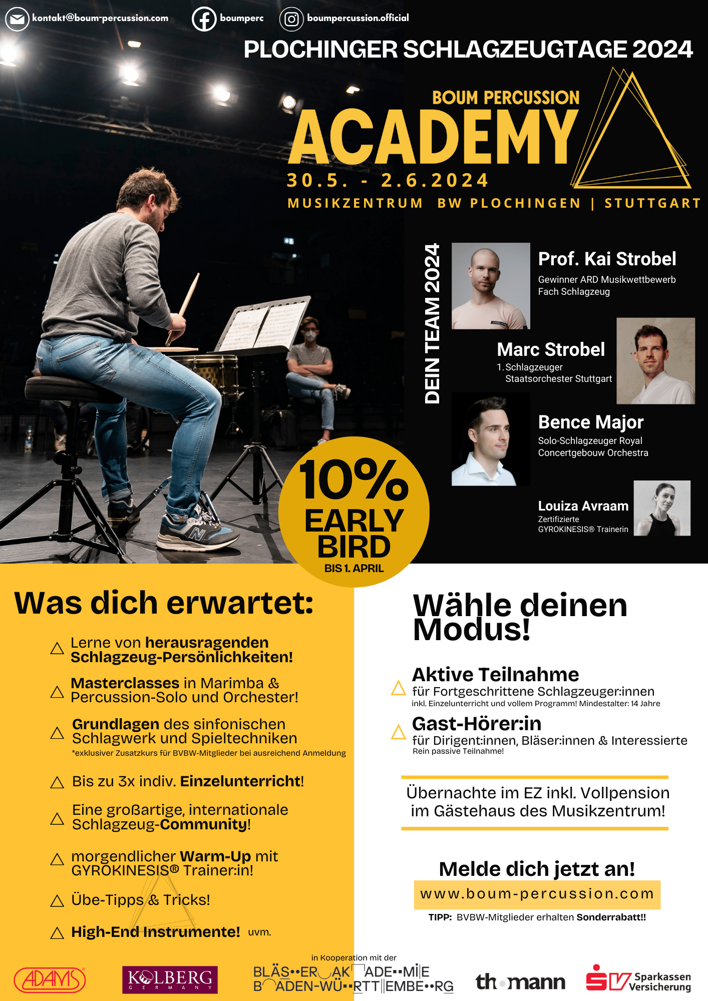 Leaflet Boum-Percussion Academy 2024 with lecturers Kai Strobel, Marc Strobel and Bence Major