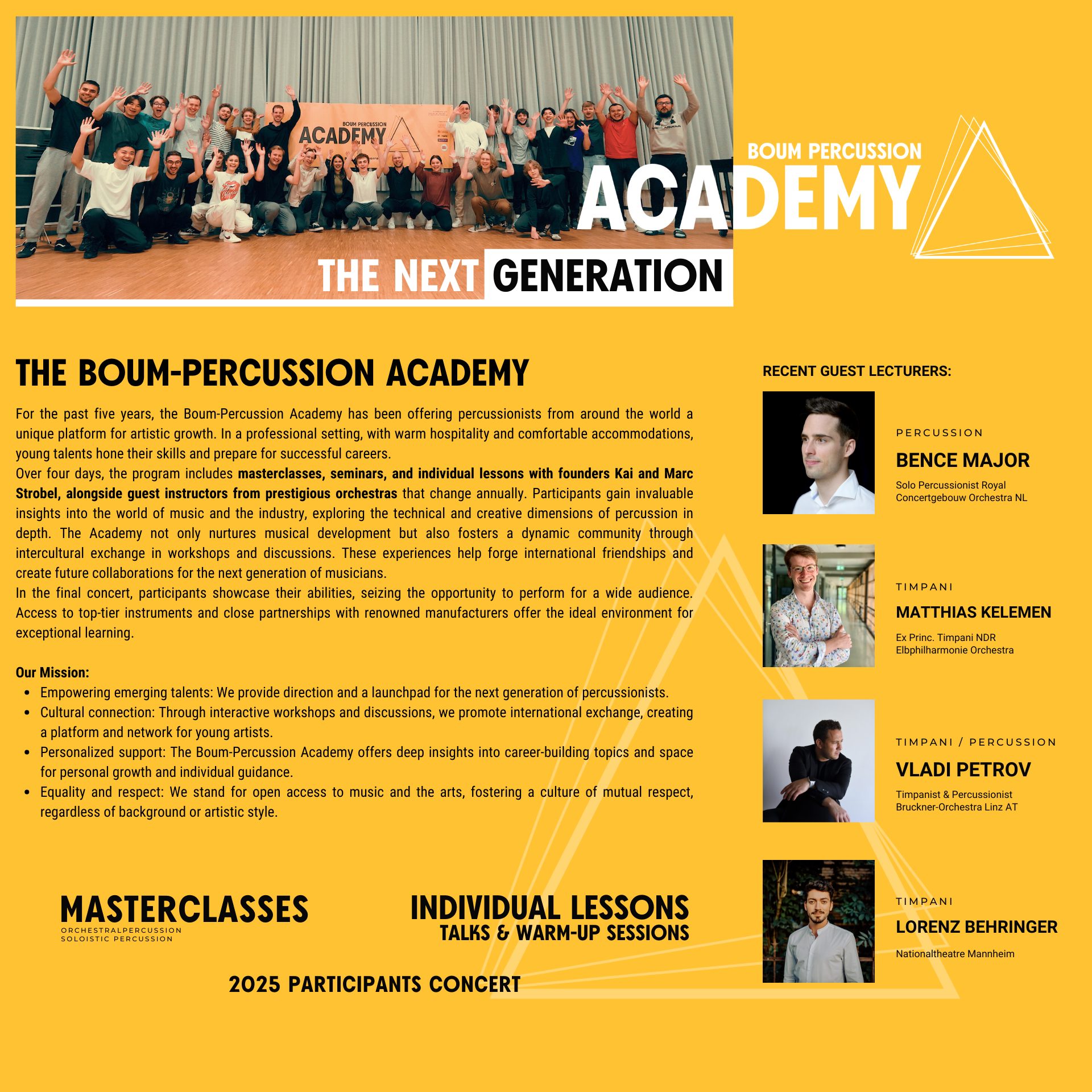 Boum-Percussion Academy, Masterclasses, Individual Lessons, Concert, Orchestral Percussion, Marimba, Soloistic Percussion